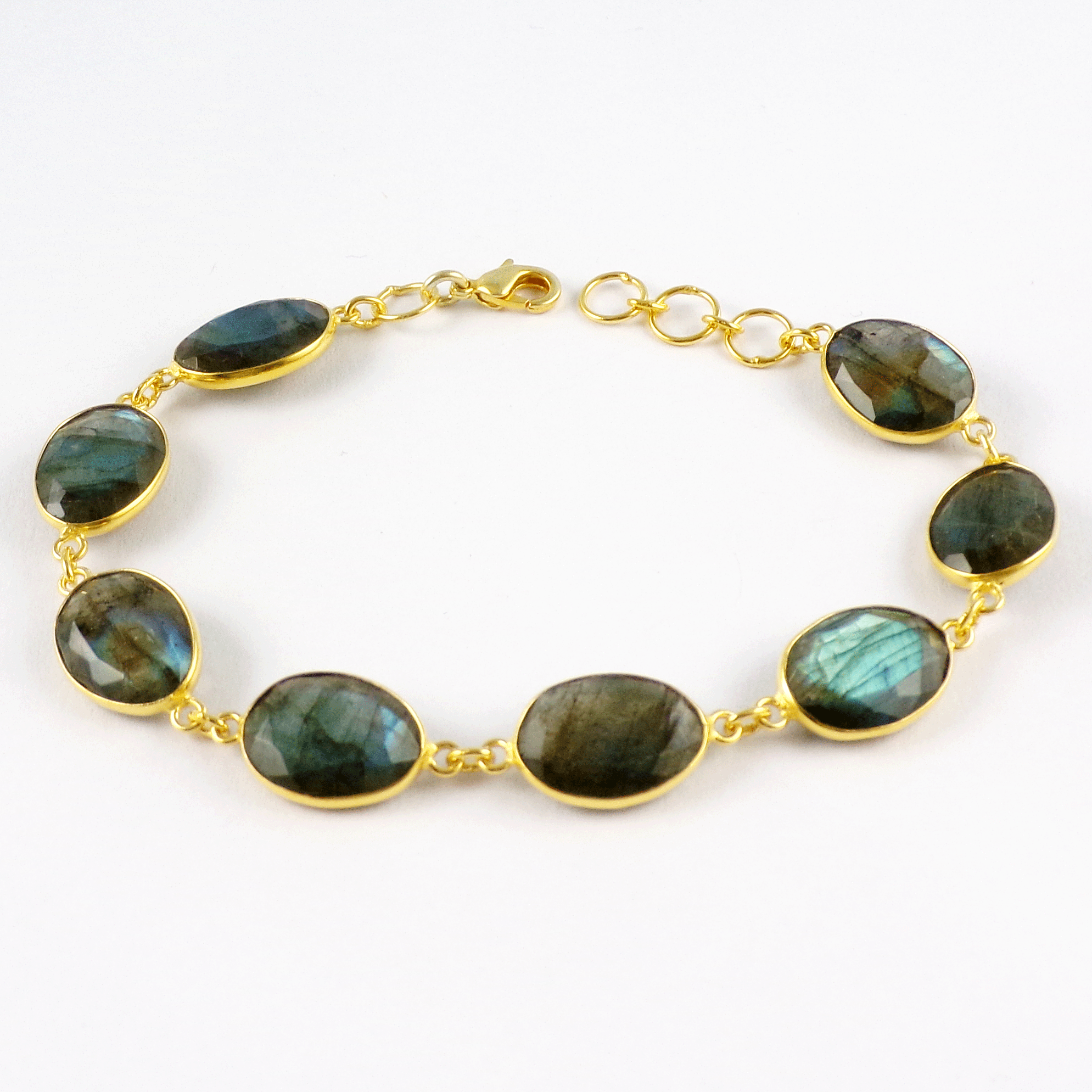 Natural Labradorite Brass Bracelet B - BZB998 18K Gold Plated Cab Oval Shape 10x14mm Bezel Setting Brass Bracelet